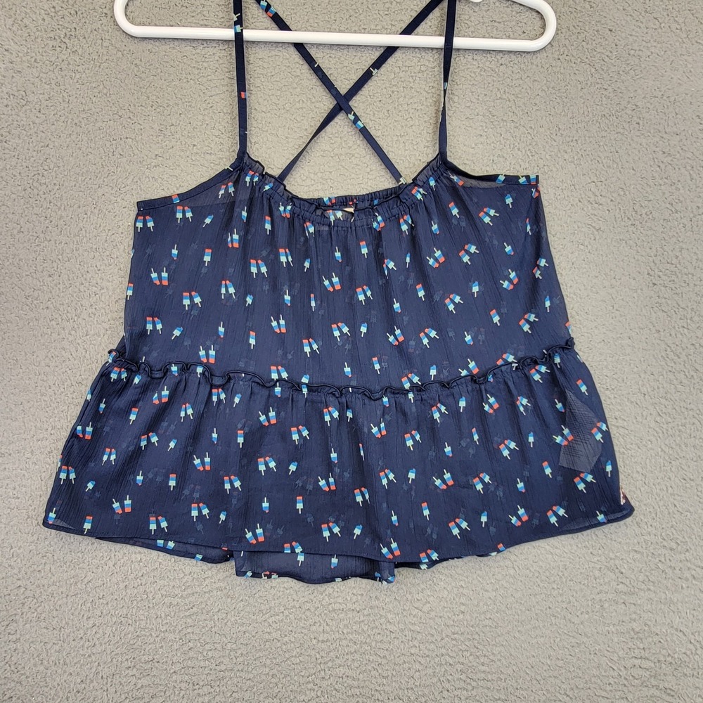 Y2K Hollister Cami Tank‎ Top Women's L Blue Sheer babydoll Novelty Print Shirt - Picture 2 of 14